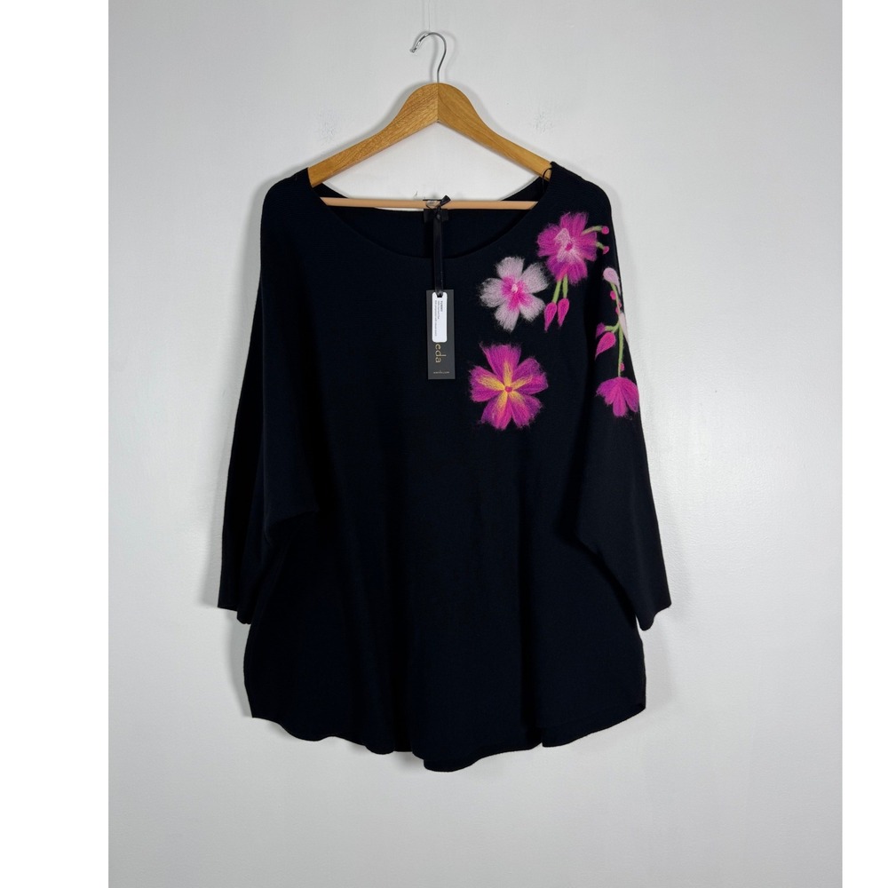Art To Wear Aaeda Womens 2X Top Black Floral Applique Batwing Yummy Knit NEW